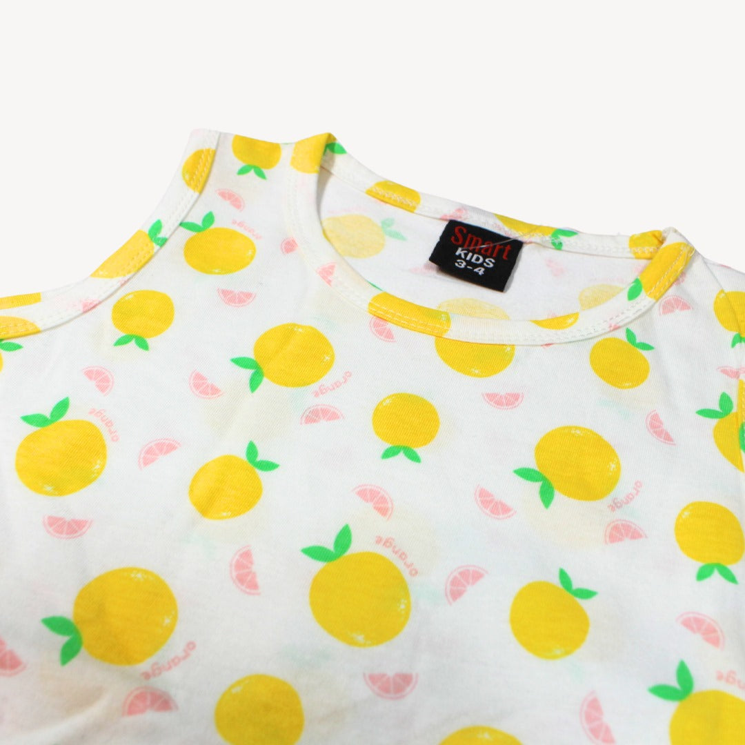 Multicoloured Orange Printed Baby Girl Sleeveless Shirt & Short Set