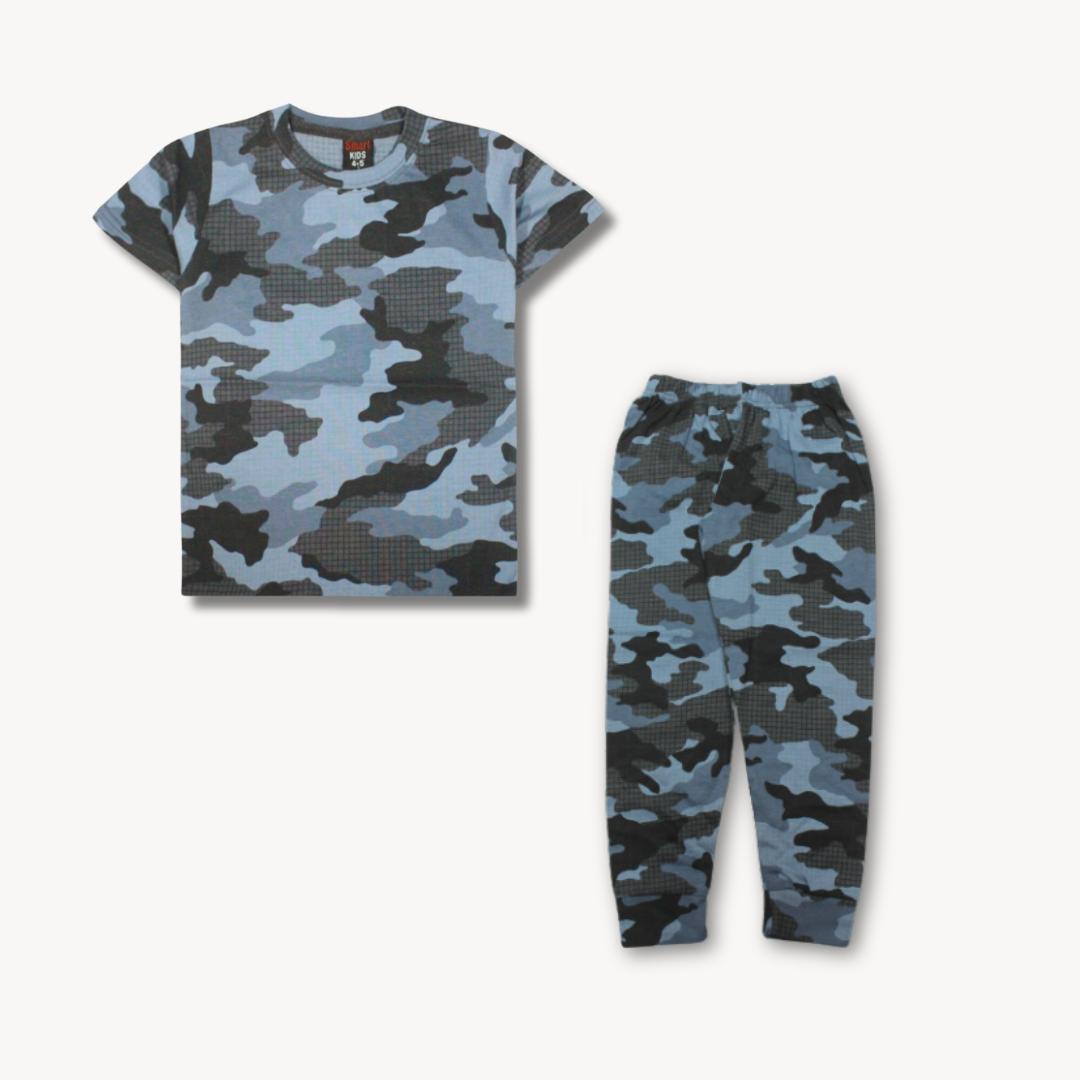 Navy Blue Camo Summers Half Sleeves Printed Pajama Shirt Set