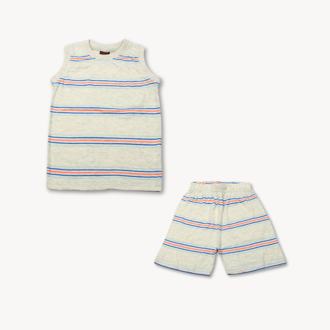 White & Blue Stripe Sleeveless Shirt & Short Set