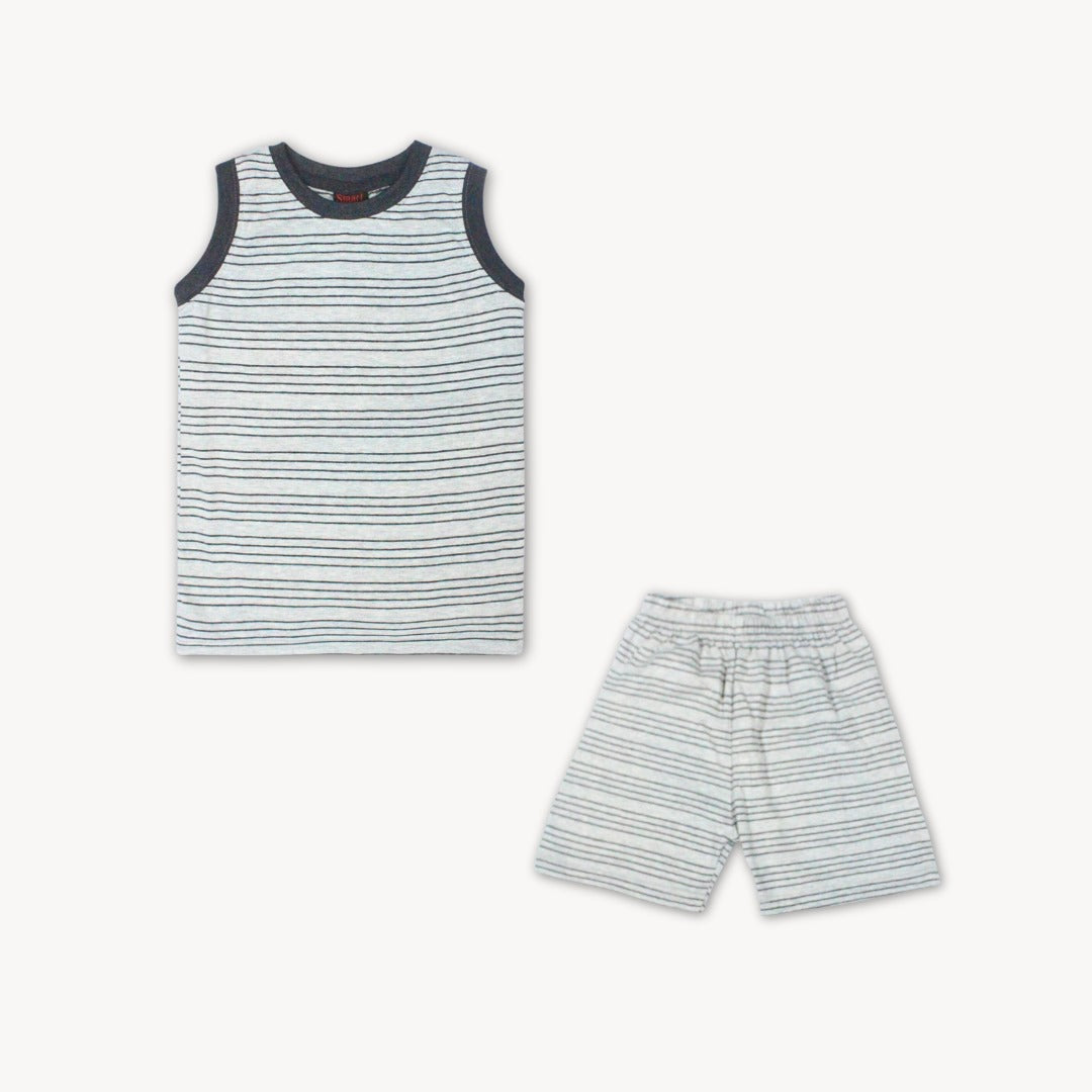 Grey Stripe Sleeveless Shirt & Short Set