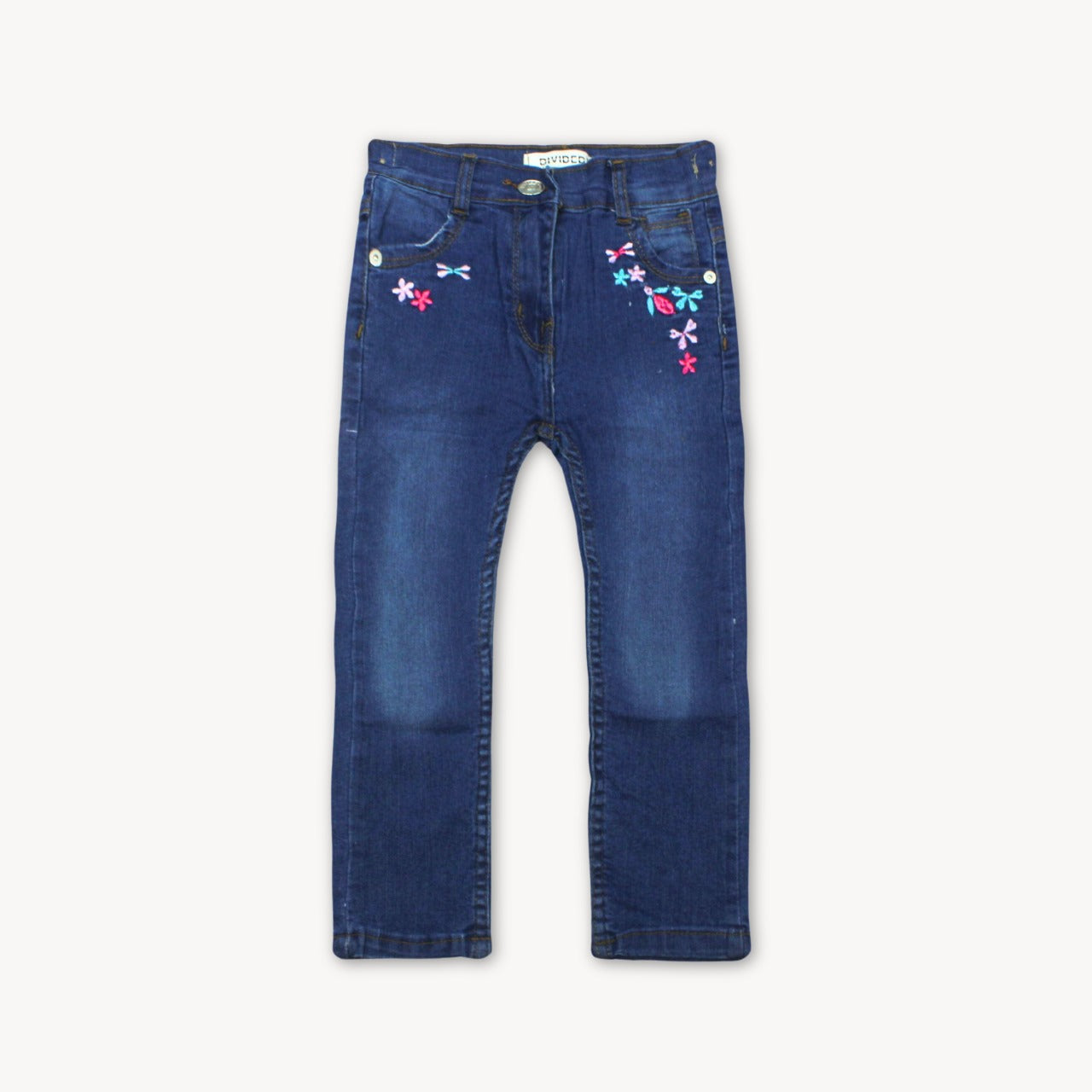 Navy Blue Floral and Ribbon Embroidered Denim Jeans