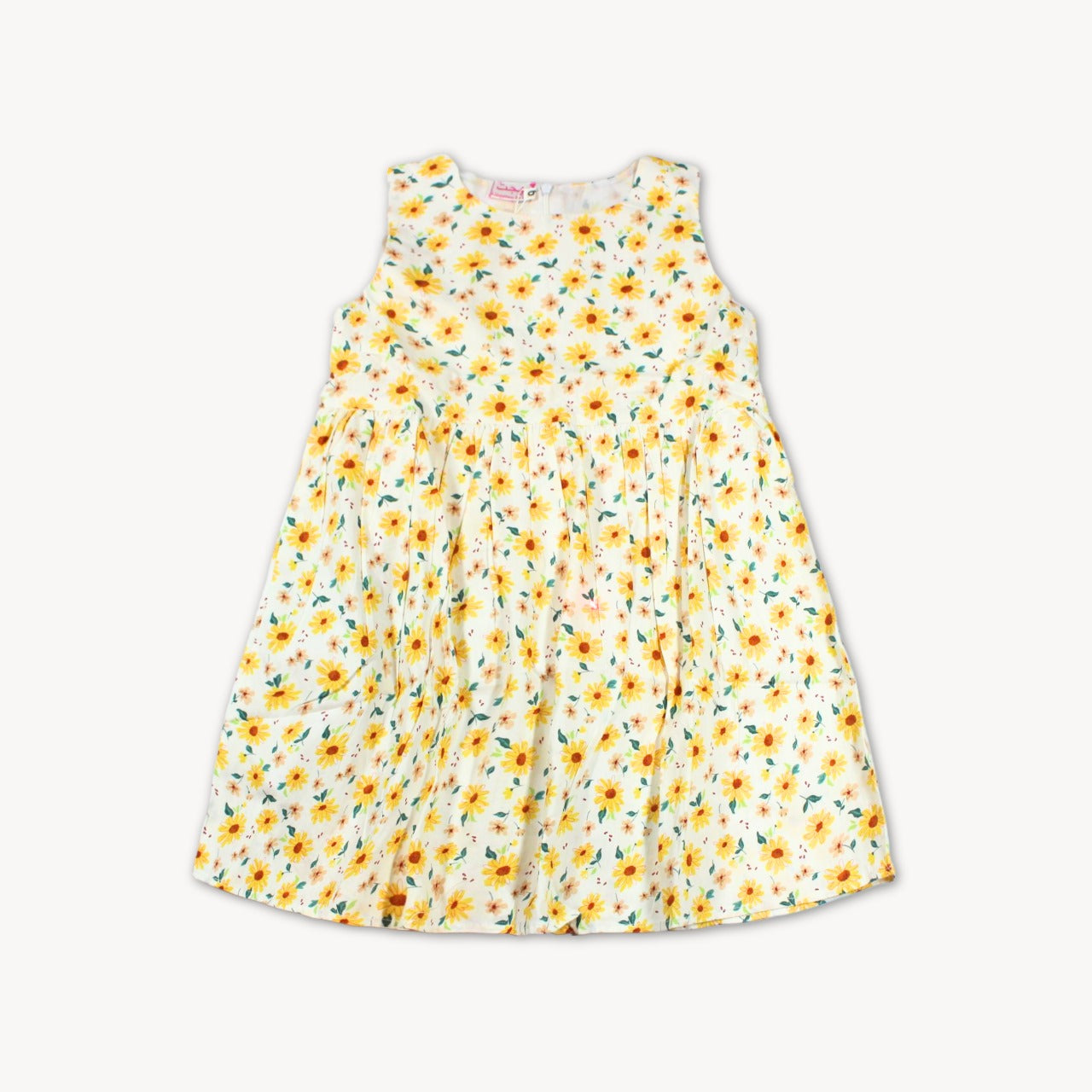 White & Yellow Sunflower Summer Printed Cotton Frock