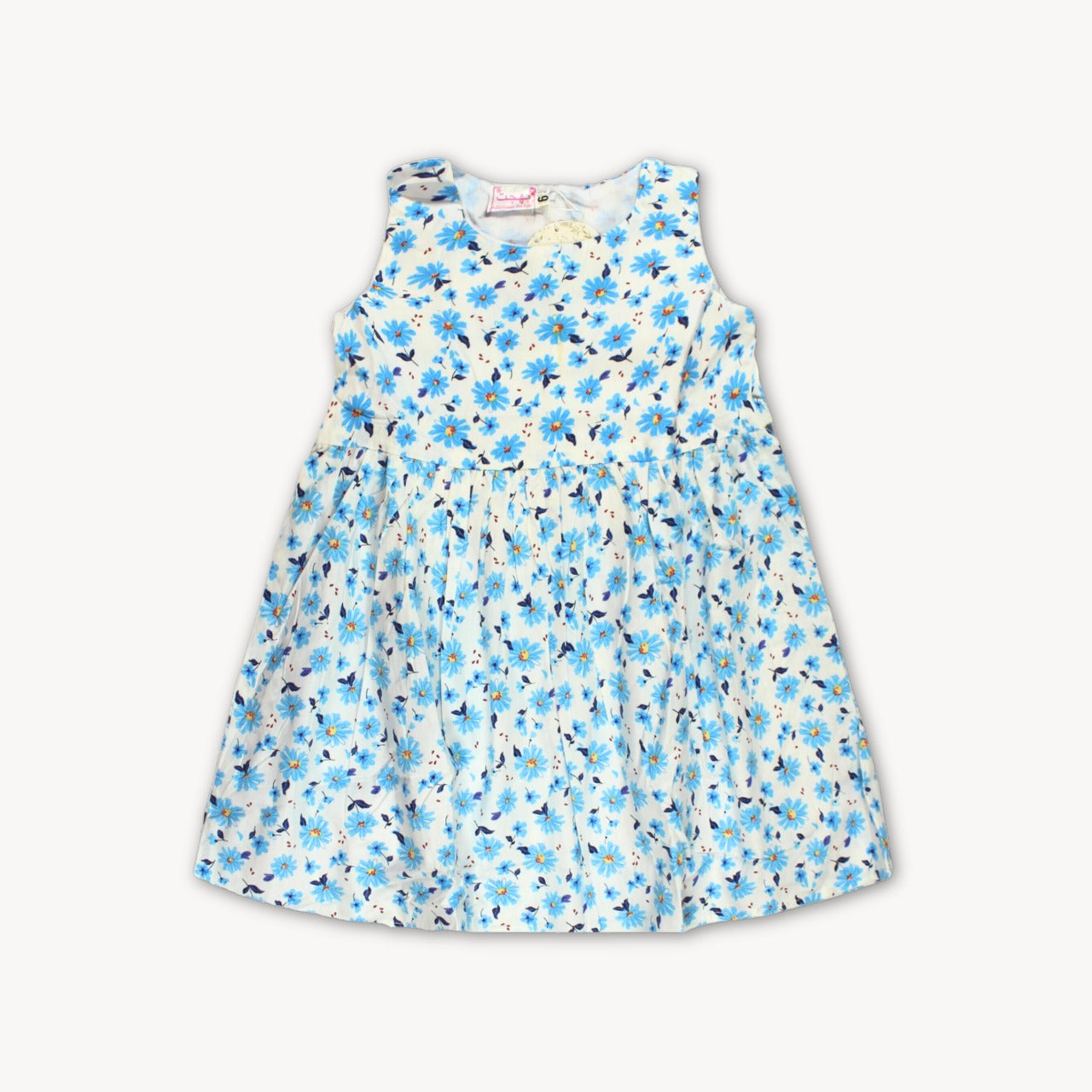 White & Blue Sunflower Summer Printed Cotton Frock