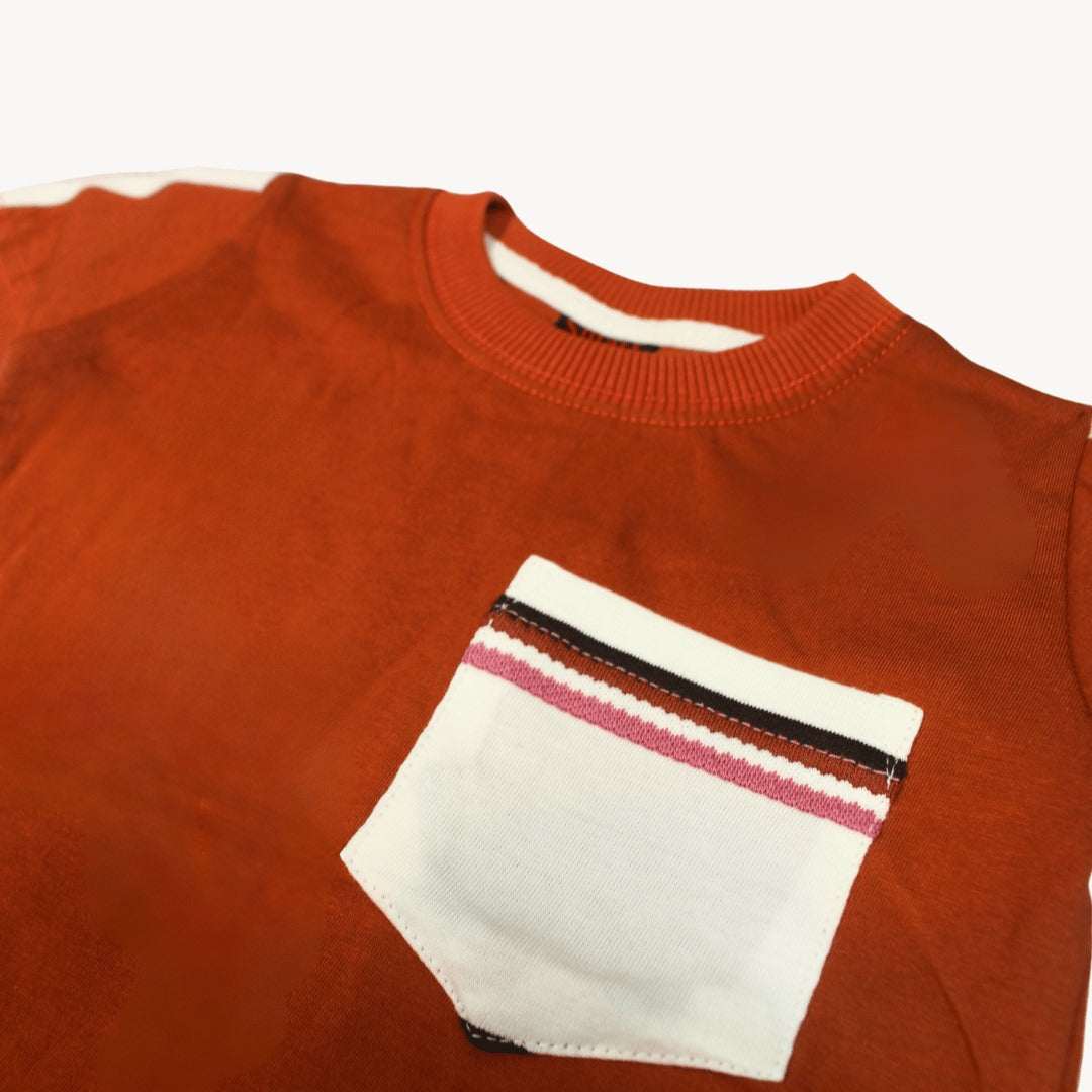Chestnut Brown & White Striped  Pocket Cotton T-Shirt