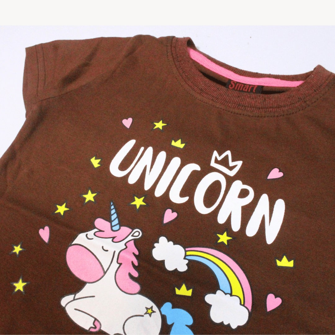 Chocolate Brown Unicorn Print Cotton T-Shirt